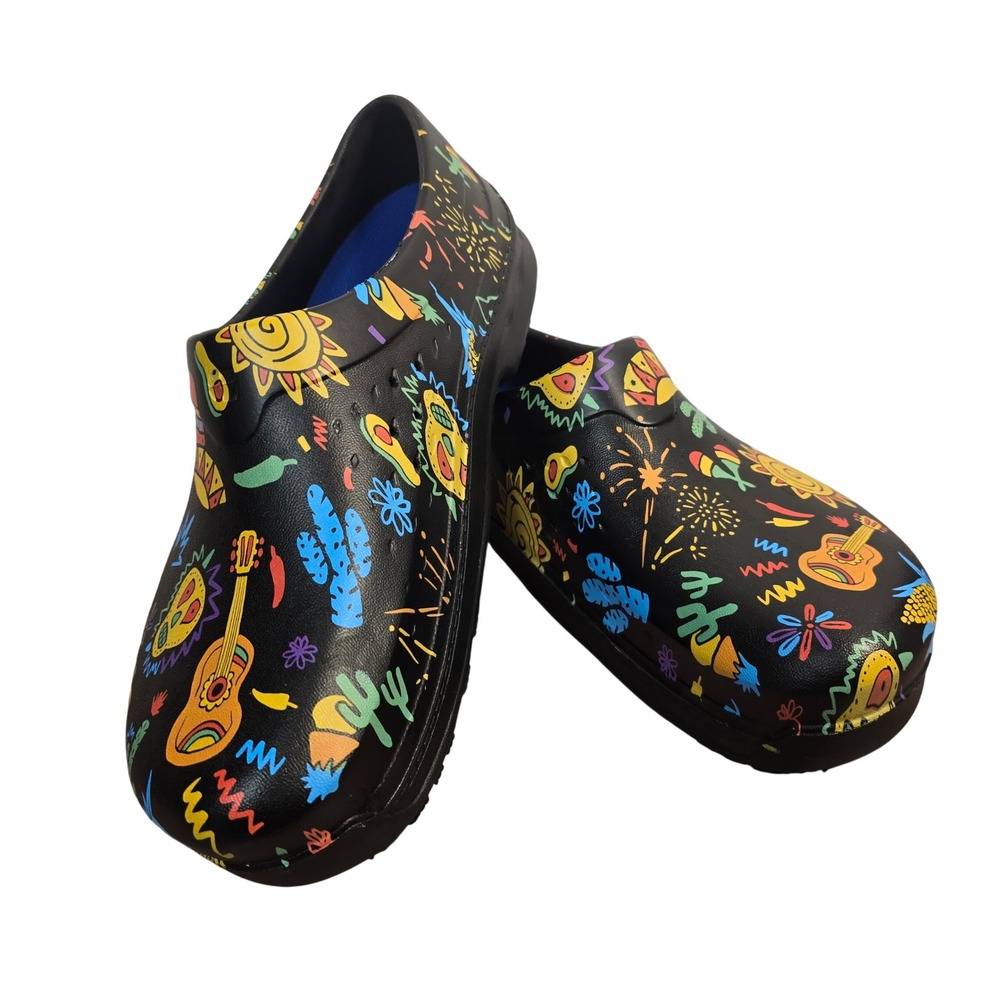 NEW Shoes For Crews Radium Black Multi Festive Print Slip Resistant Clogs M8 W10 - Picture 3 of 15